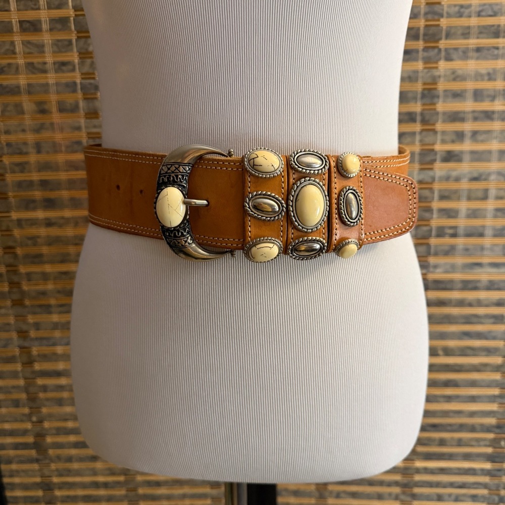 L'andrex Leather Belt Women Medium Tan Western Boho Stone Buckle Made in France